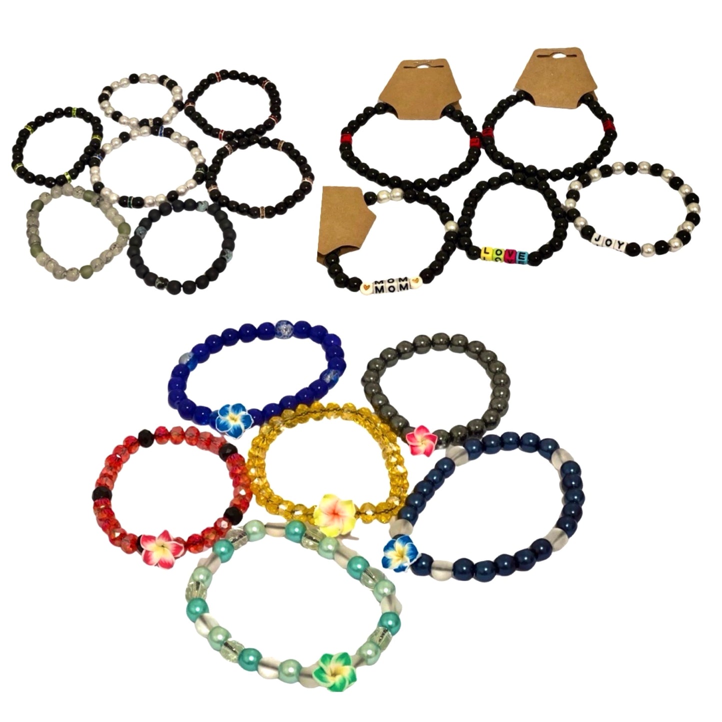 25 or 55 stretchable bracelet wholesale set. Assorted colors and styles