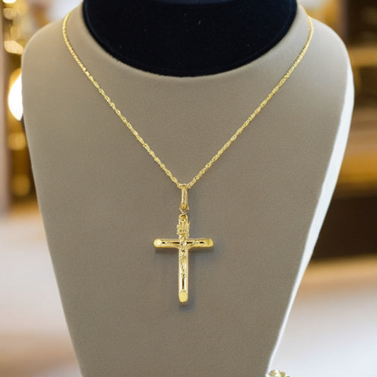 14k Yellow Gold Jesus Crucifix Cross Pendant with Luxury Italian Chain